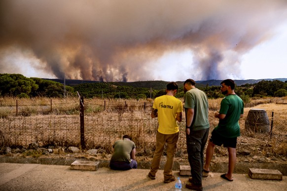 epa13158352 People watch from El Madrono, Seville, the fire in Niebla, Huelva, southern Spain, 09 August 2026. The fire has covered a perimeter of 44 kilometers and affected approximately 8,000 hectar ...