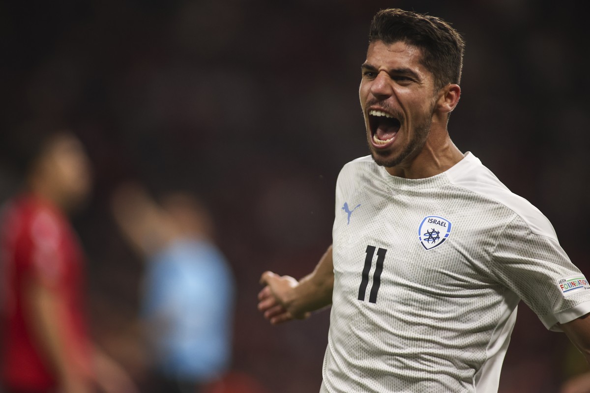 Israel's Manor Solomon celebrates after scoring his side second goal against Albania during the UEFA Nations League soccer match between Albania and Israel at Air Albania stadium in Tirana, Alban ...