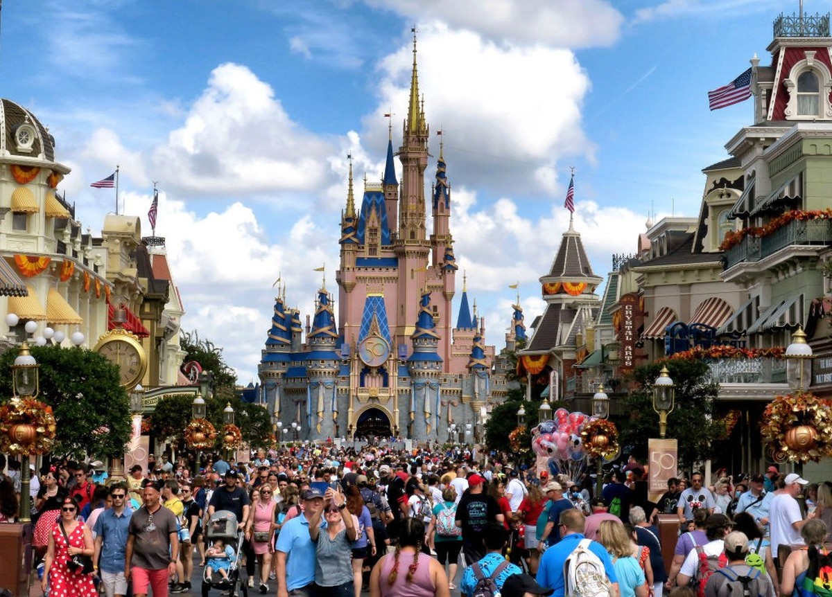 Crowds fill Main Street USA in front of Cinderella Castle at the Magic Kingdom on the 50th anniversary of Walt Disney World, in Lake Buena Vista, Fla., on Friday, Oct. 1, 2021. (Joe Burbank/Orlando Se ...