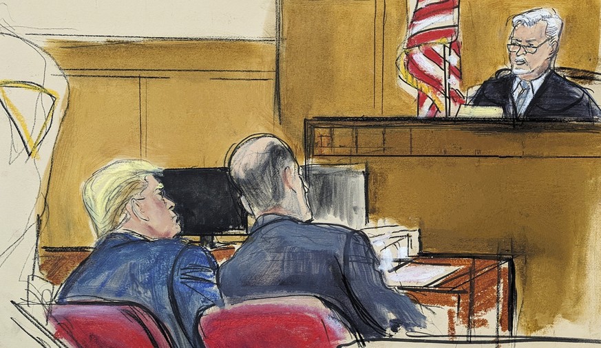 Judge Juan Merchan, right, speaks to Donald Trump regarding his contempt ruling in Manhattan criminal court, Monday, May 6, 2024, in New York. (Elizabeth Williams via AP)