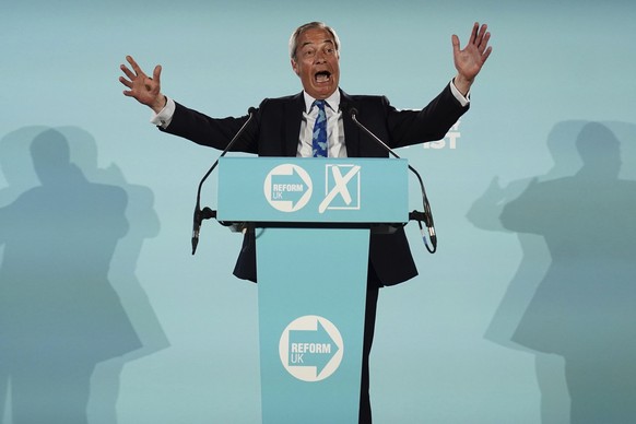 Reform UK party leader Nigel Farage speaks during a campaign event at Stafford Showground, Stafford, England, whilst campaigning for this week&#039;s local elections, Wednesday April 30, 2025. (Jacob  ...
