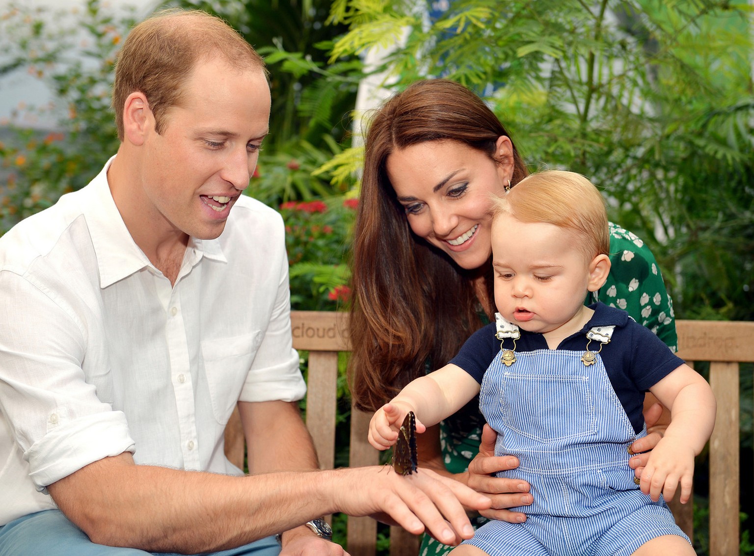 George mit Sommervogel. Und dem Duke und der Duchess of Cambridge, seinen Eltern.