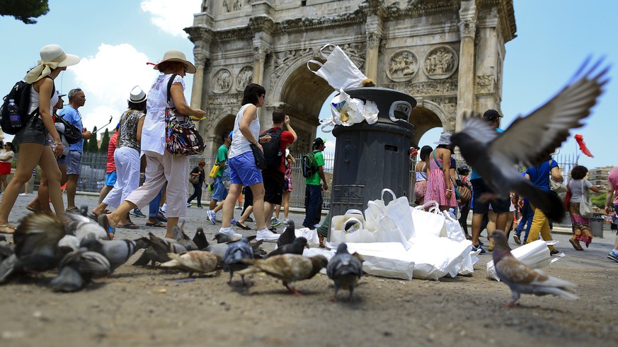 Tourists walk past the Arch of Constantine, as a pigeon flies next to a full garbage bin, in Rome July 12, 2015. Dirty and disorganised, Rome is once more in decline. City hall is paralysed by allegat ...