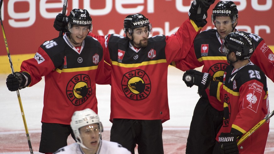 Bern&#039;s Ramon Untersander, Mark Arcobello, Simon Moser and Andrew Ebbett, from left, celebrate during a Champions Hockey League round of 16 match between Switzerland&#039;s SC Bern and Finland&#03 ...