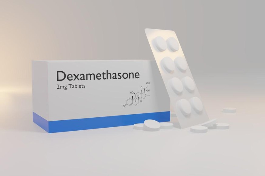 Dexamethason, ein Kortikosteroid zur Behandlung verschiedener Erkrankungen, einschließlich Entzündungen, Allergien, Asthma usw., verringert auch kürzlich festgestellte Todesfälle durch Koronavirus. 3D ...