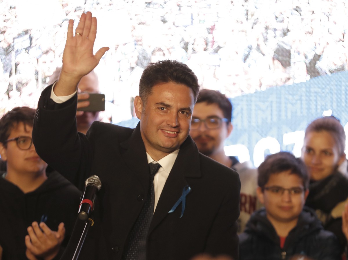 Conservative independent candidate Peter Marki-Zay celebrates in Budapest, Hungary, Sunday, Oct. 17, 2021, after he won an opposition primary race, making him nominee of a six-party opposition coaliti ...