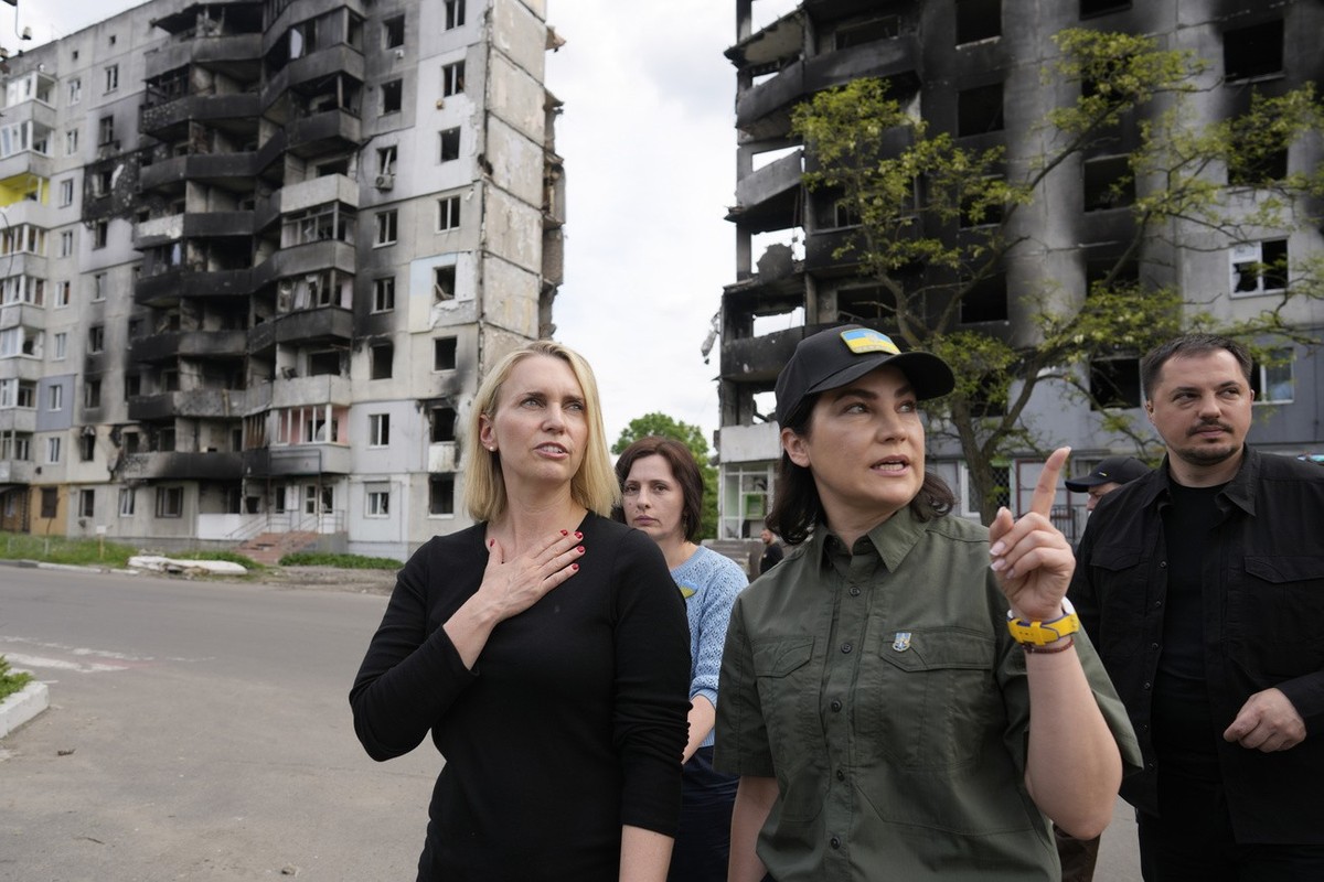 U.S. ambassador to Ukraine Bridget Brink, left, and Ukraine's Prosecutor General Iryna Venediktova tour destroyed areas of Borodyanka, on the outskirts of Kyiv, Ukraine, Saturday, June 4, 2022. ( ...