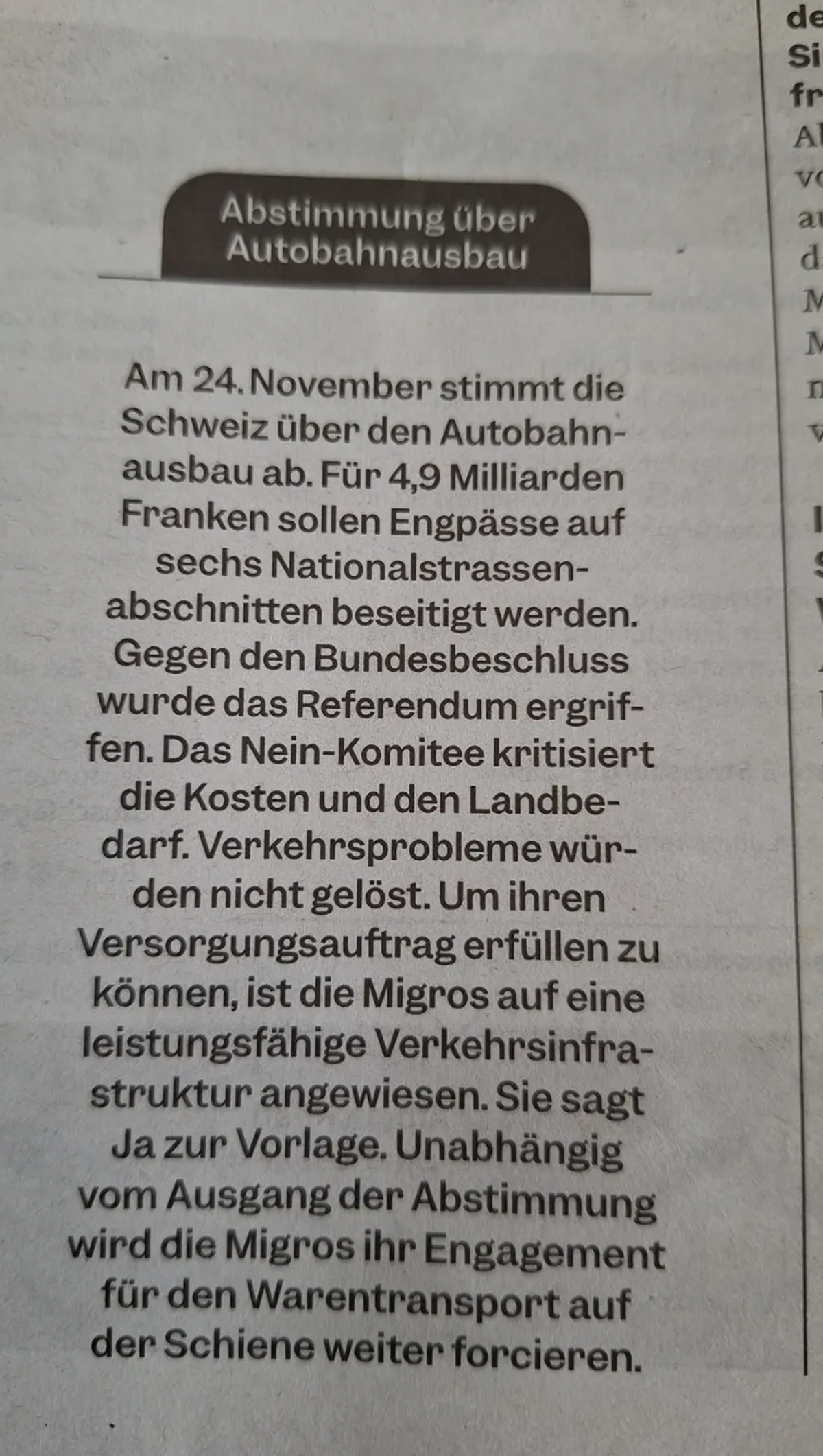 Abstimmungsparole im «Migros-Magazin»