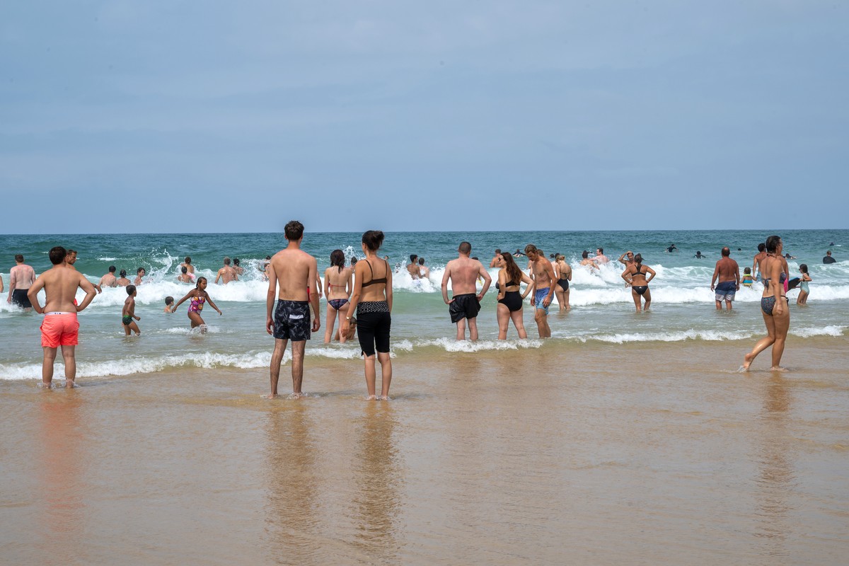 People swim in the Atlantic Ocean in Capbreton, France, Friday, Aug. 14, 2026, as French authorities are warning beach-goers to be careful as several areas are seeing unusual numbers of Portuguese man ...
