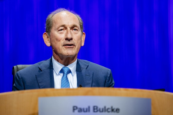 Paul Bulcke, Chairman of Nestle, reacts during the Nestle Annual General Meeting at the SwissTech Conference Center, EPFL, in Ecublens near Lausanne, Switzerland, Wednesday, April 16, 2025. (KEYSTONE/ ...