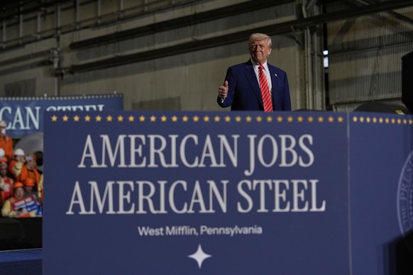 President Donald Trump gestures after speaking at U.S. Steel Corporation&#039;s Mon Valley Works-Irvin plant, Friday, May 30, 2025, in West Mifflin, Pa. (AP Photo/Julia Demaree Nikhinson)
Trump