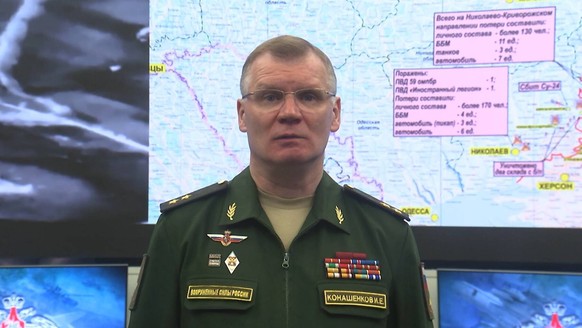 Russia Ukraine Military Operation Missile Launch 8295176 14.10.2022 In this handout video grab released by the Russian Defence Ministry, Russian Defence Ministry spokesman Igor Konashenkov gives a bri ...