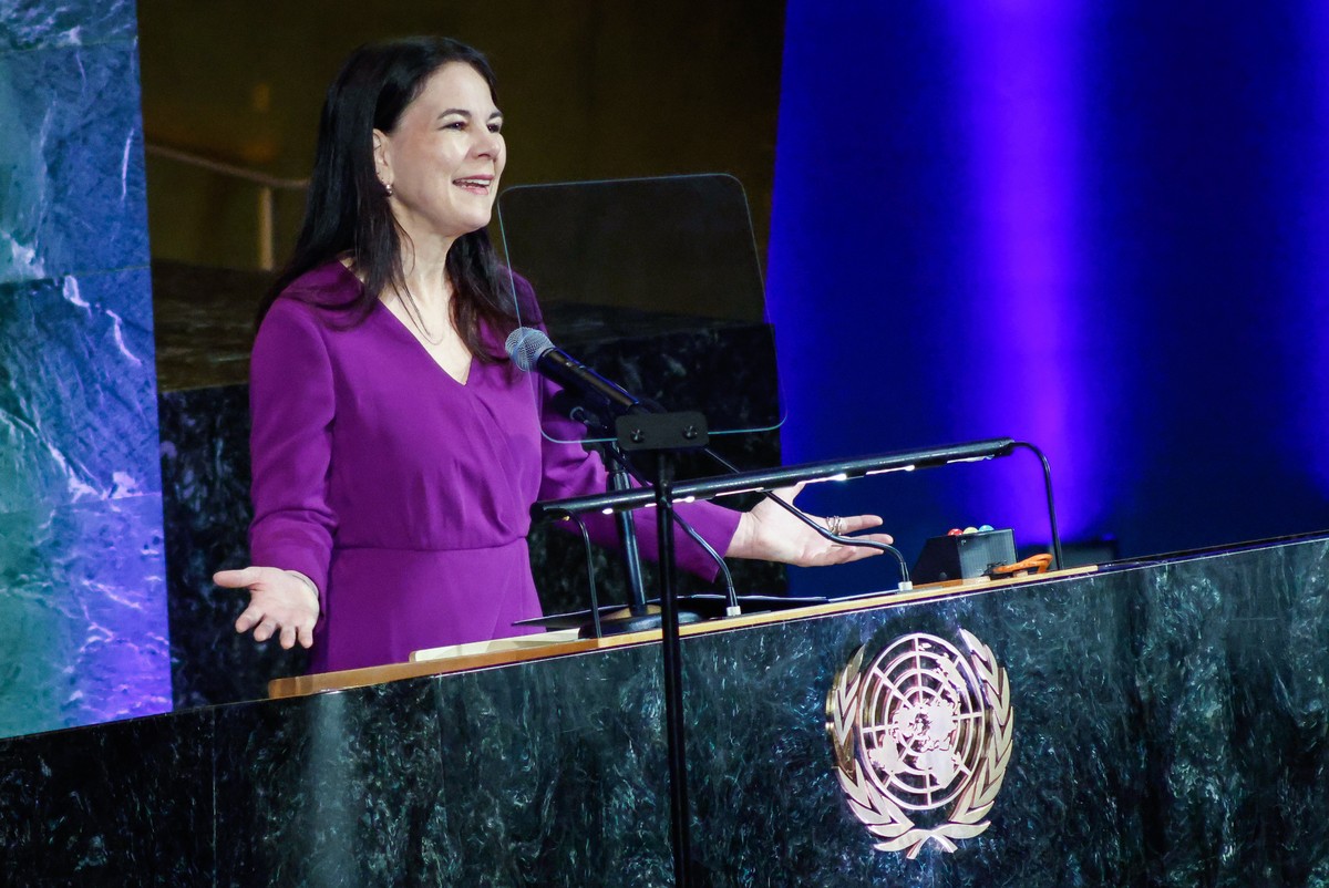 President of United Nations General Assembly Annalena Baerbock speaks during the International Women's Day 2026 at the United Nations Headquarters on Monday, March 9, 2026. (AP Photo/Kena Betancu ...