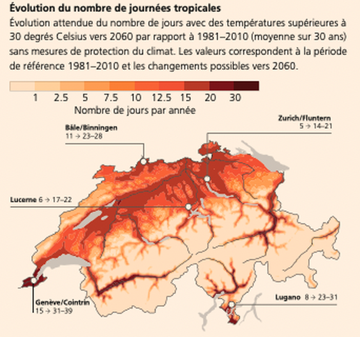 Augmentation du nombre de jours de canicule en 2060 par rapport à la période comprise entre 1981 et 2019.