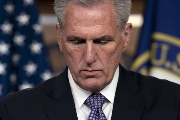 epa10366075 House Minority Leader Kevin McCarthy during a press conference at the US Capitol, Washington, DC, USA, 14 December 2022. House Republicans have raised objections to a government spending p ...