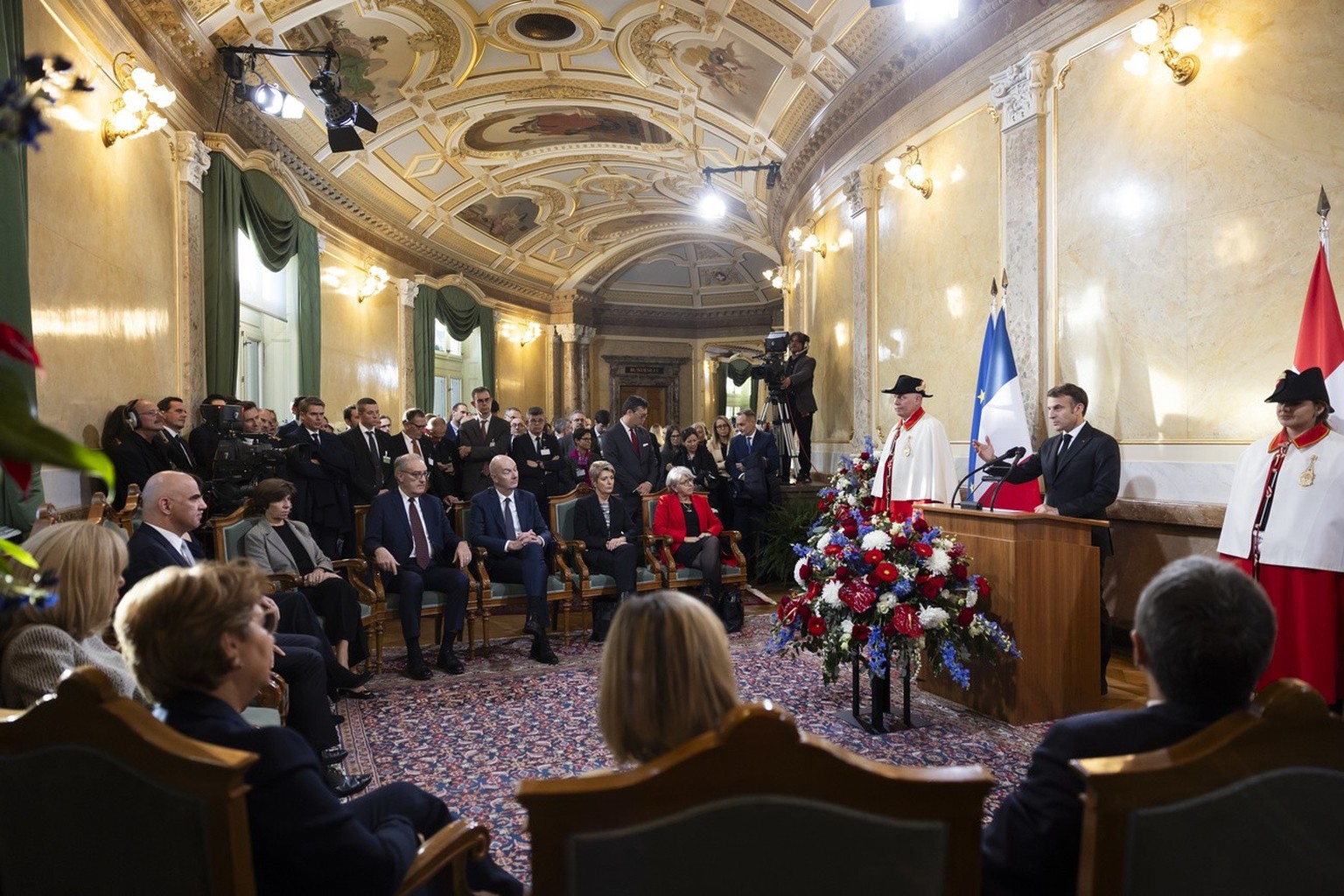 French President Emanuel Macron speaks during the official speech at the Federal Palace, the Swiss parliament building, in Bern, Switzerland, Wednesday, November 15, 2023. French President Emanuel...