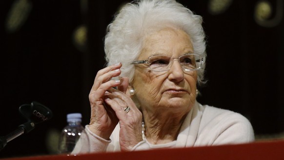 Holocaust survivor Liliana Segre speaks with young students on the occasion of an Holocaust remembrance, at the Arcimboldi theatre in Milan, Italy, Wednesday, Jan. 24, 2018. Segre, a senator for life, ...