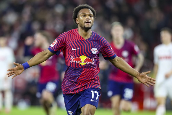 epa11223150 Leipzig&#039;s Lois Openda celebrates after scoring the 1-3 goal during the German Bundesliga soccer match between 1. FC Cologne and RB Leipzig in Cologne, Germany, 15 March 2024. EPA/CHRI ...