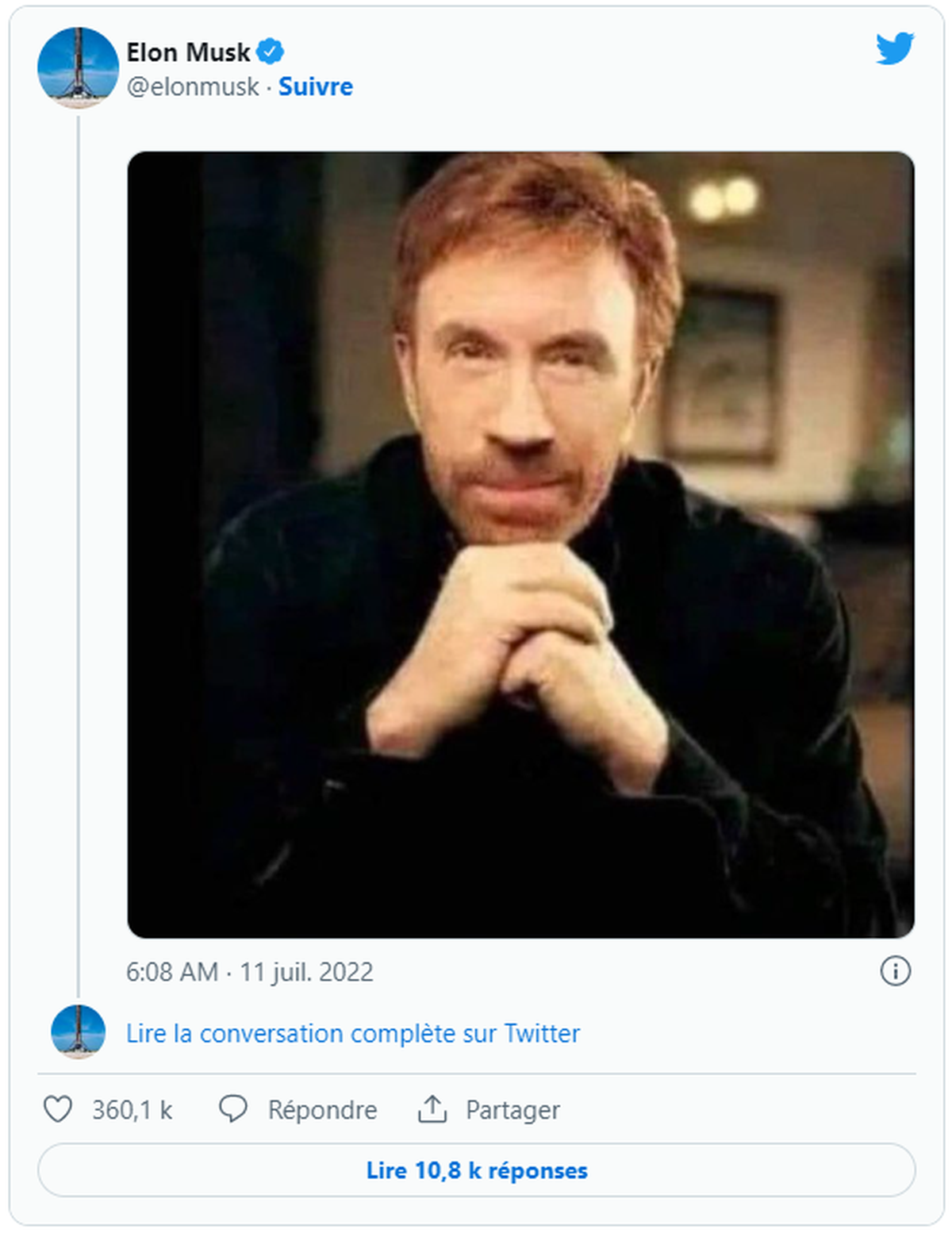 Tweet d'Elon Musk: Chuck Norris.