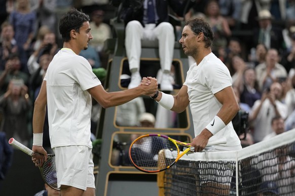 Spain&#039;s Rafael Nadal shakes hands with Italy&#039;s Lorenzo Sonego after defeating him in a third round men&#039;s singles match on day six of the Wimbledon tennis championships in London, Saturd ...