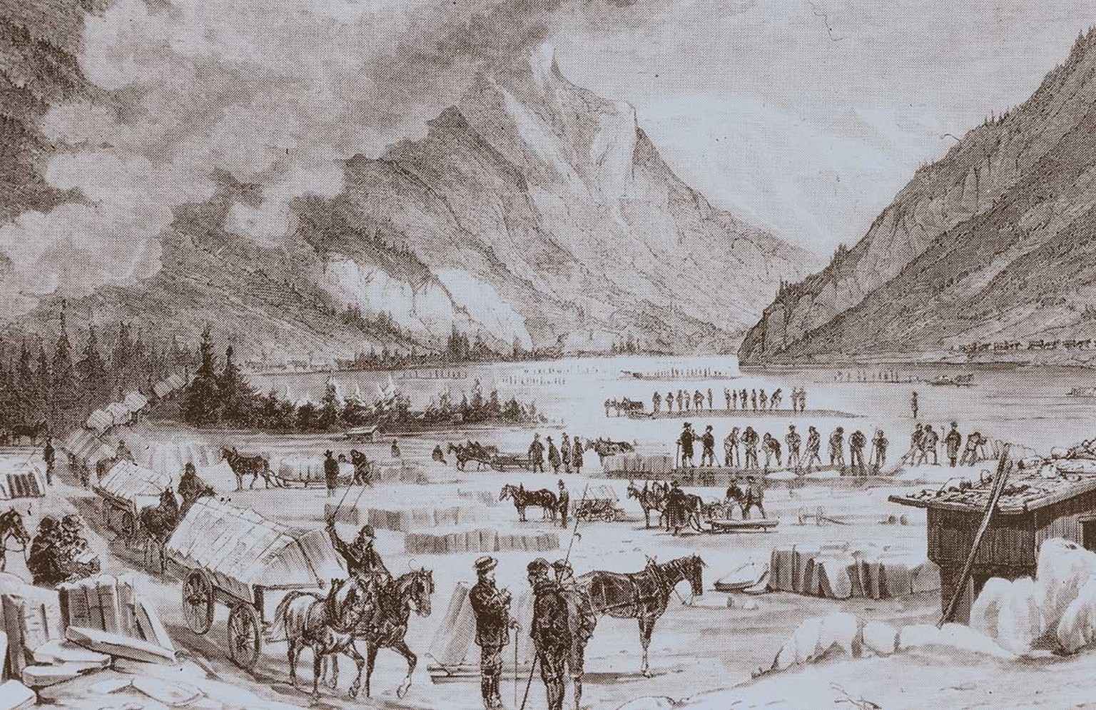 Ice saws on Lake Klöntaler for breweries, around 1900. https://ba.e-pics.ethz.ch/catalog/ETHBIB.Bildarchiv/r/889452/viewmode=infoview