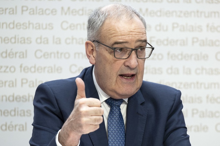 Bundesrat Guy Parmelin spricht an einer Medienkonferenz zur Foerderung von Bildung, Forschung und Innovation in den Jahren 2025-2028, am Freitag, 8. Maerz 2024, in Bern. (KEYSTONE/Peter Schneider)