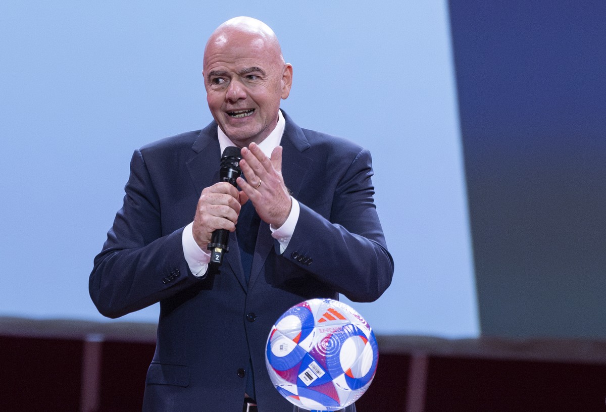 FIFA President Gianni Infantino addresses the audience during the Sport for Sustainable Development Summit at the Paris Olympic games, Thursday, July 25 2024 at the Carrousel du Louvre in Paris, Franc ...