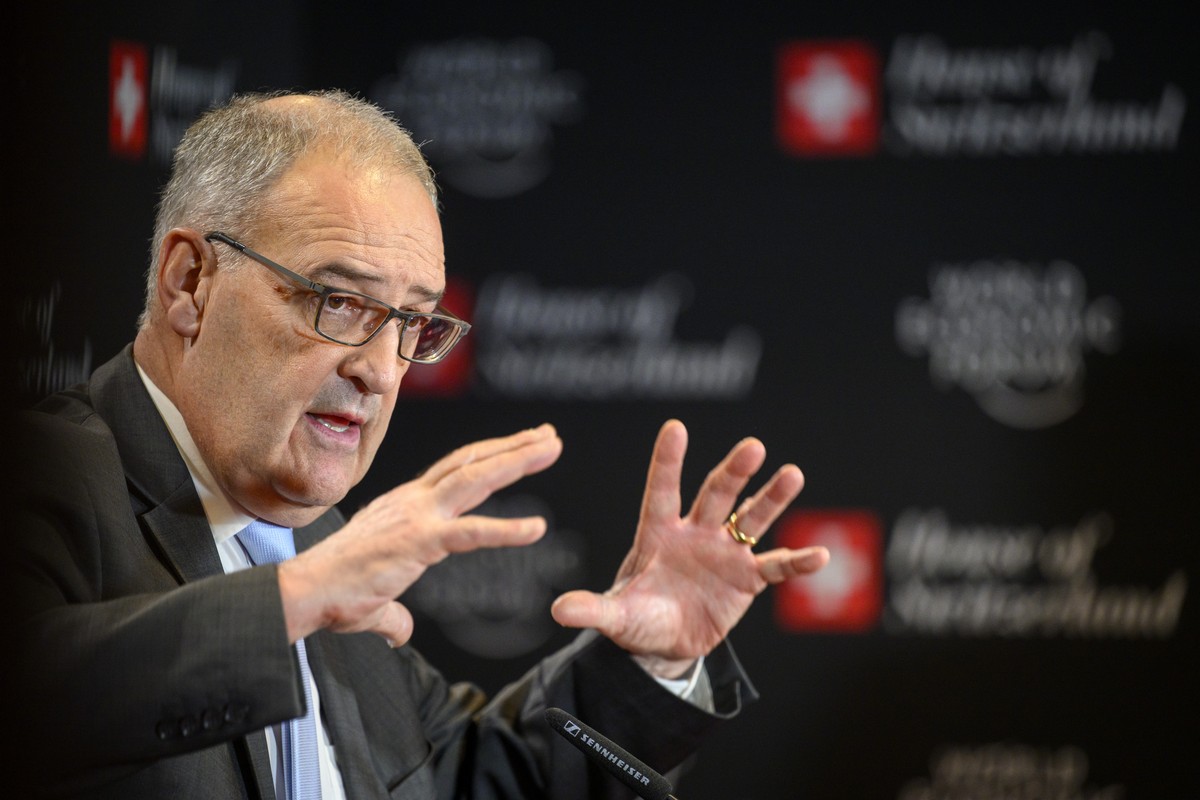 epa11087807 Switzerland's Economy Minister, Federal Councillor Guy Parmelin speaks during a press conference at the House of Switzerland, HoS, on the sidelines of the 54th annual meeting of the W ...