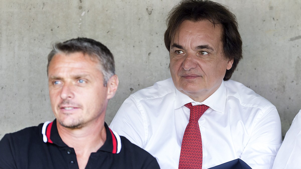 Sion's head coach Sebastien Fournier, left, and president Christian Constantin, right, during the Swiss Cup final soccer match between FC Basel 1893 and FC Sion at the stade de Geneve stadium, in ...