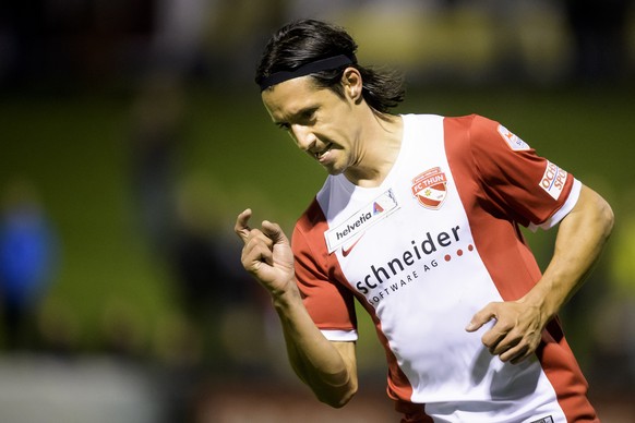 Joie du joueur bernois Nelson Ferreira, apres avoir marque le deuxieme but lors de la rencontre de 8eme de finale de la Coupe Suisse de football entre le FC Stade Nyonnais et le FC Thun ce mercredi 25 ...