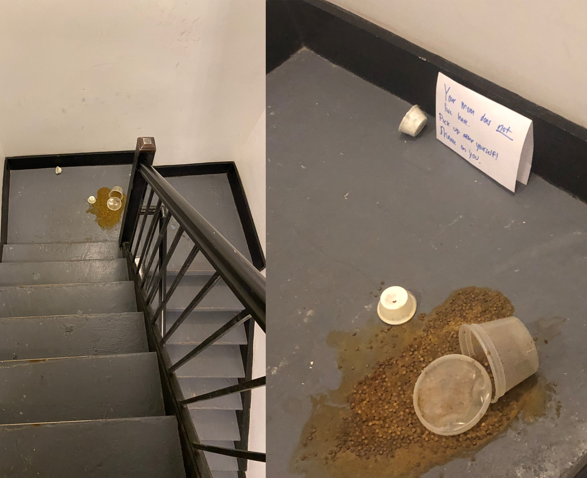 Jemand hat seine ausgeleerte Linsensuppe nicht aufgeputzt