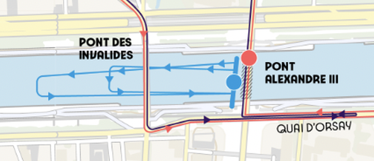Le parcours de natation lors des épreuves individuelles. Les athlètes s'élançaient du pont Alexandre III pour deux boucles (en bleu), la première de 910m, la seconde de 590m, en passant à chaque fois ...