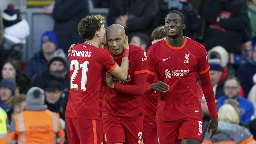 Liverpool&#039;s Fabinho, center, celebrates with teammates after scoring his side&#039;s fourth goal during the English FA Cup third round soccer match between Liverpool and Shrewsbury Town at Anfiel ...