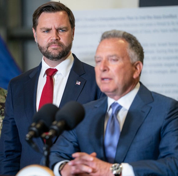Steve Witkoff, U.S. Special Envoy to the Middle East, speaks alongside U.S. Vice President JD Vance and Admiral Brad Cooper, commander of the United States Central Command (CENTCOM) during a news conf ...