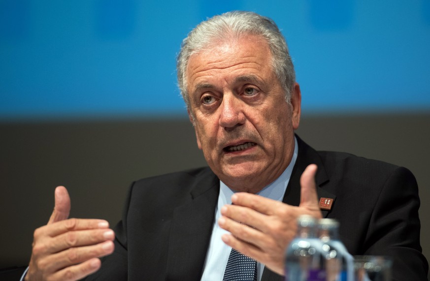 epa06883490 EU Commissioner for migration and home affairs Dimitris Avramopoulos attends a press conference during the informal meeting of justice and home affairs ministers at the Congress in Innsbru ...