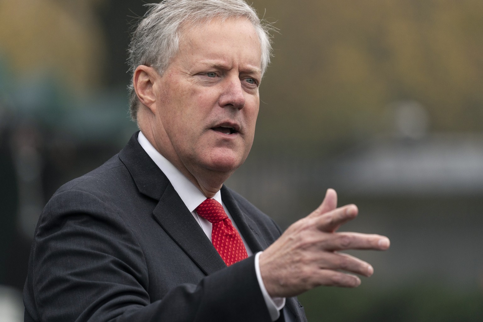 FILE - Mark Meadows speaks with reporters at the White House, Oct. 21, 2020, in Washington. Meadows, chief of staff for former President Donald Trump, was among those indicted Wednesday, April 24, 202 ...