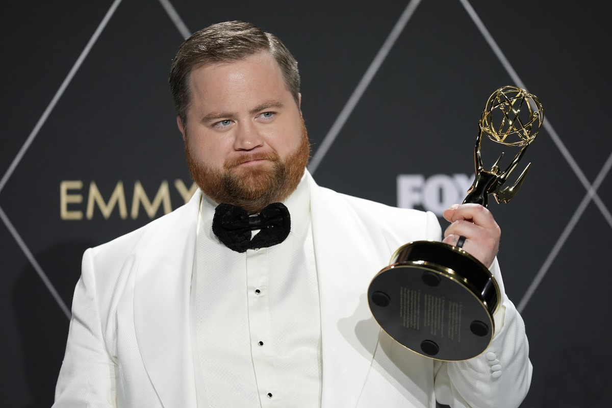 Paul Walter Hauser, winner of the award for for outstanding supporting actor in a limited anthology series or movie for "Black Bird," poses in the press room during the 75th Primetime Emmy A ...
