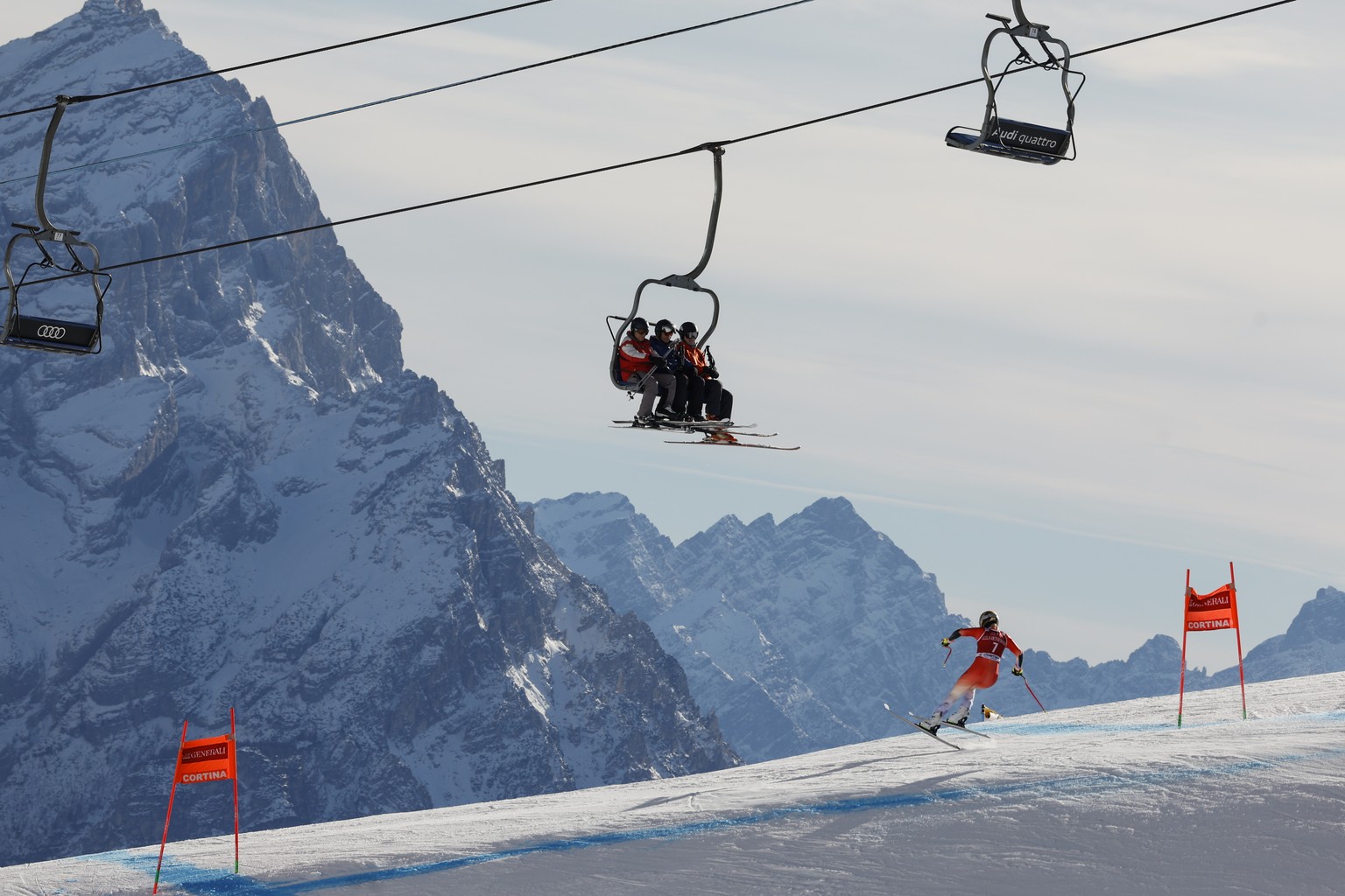 Switzerland&#039;s Lara Gut Behrami speeds down the course during an alpine ski, women&#039;s World Cup downhill training, in Cortina d&#039;Ampezzo, Italy, Wednesday, Jan. 24, 2024. (AP Photo/Marco T ...