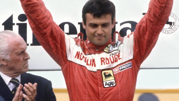 1982 German Grand Prix. Hockenheim, Germany. 8 August 1982. Rene Arnoux, Renault RE30B, 2nd position, and Patrick Tambay, Ferrari 126C2, 1st position, podium. PUBLICATIONxINxGERxSUIxAUTxHUNxONLY open- ...