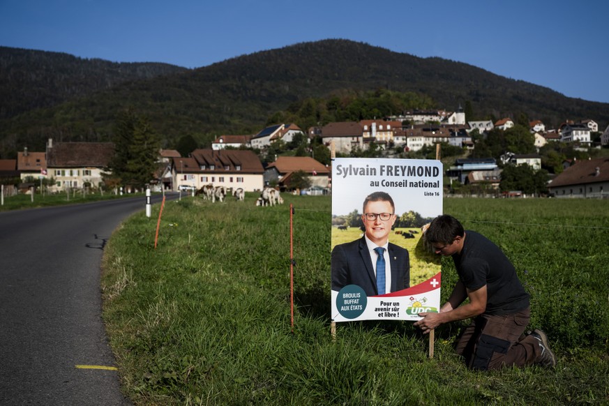 Farmer and candidate Sylvain Freymond of the Swiss People's Party (SVP) hangs a electoral poster in a field with cows for the Swiss federal elections, in Montricher near Morges, Switzerland, Mond ...