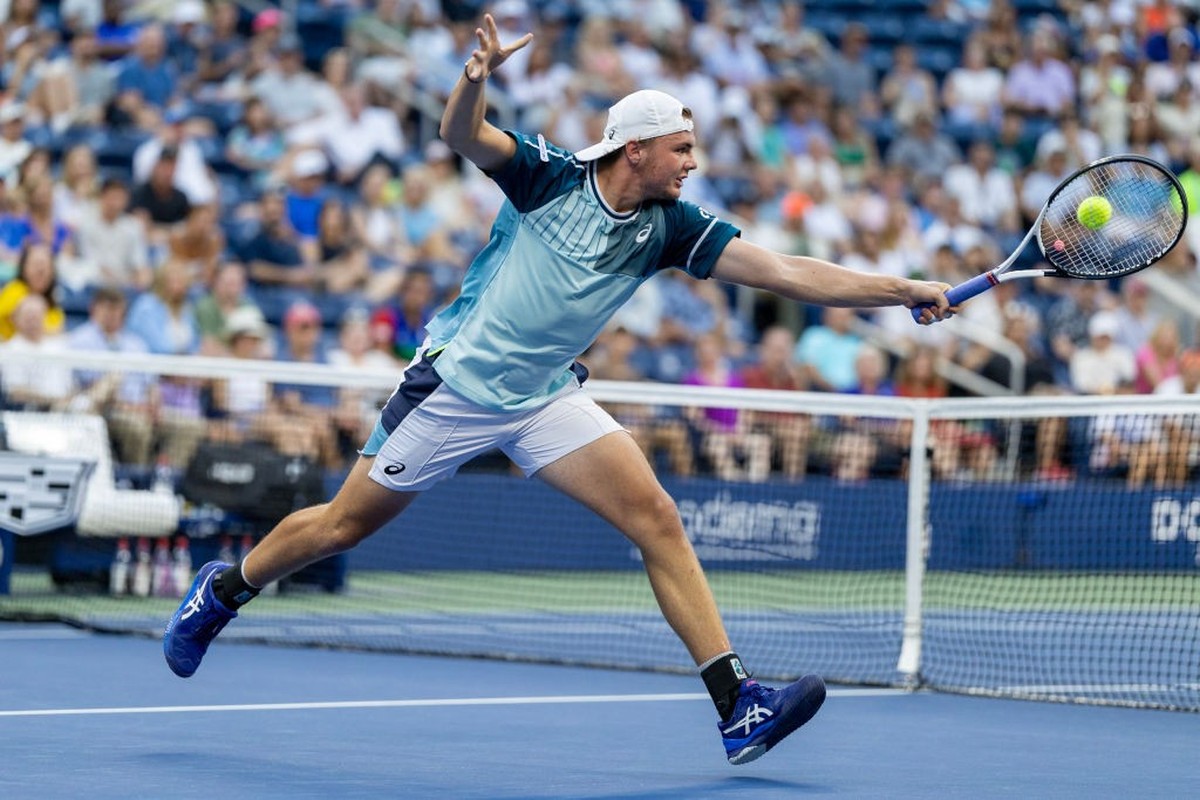NEW YORK, USA: September 3: Dominic Stricker of Switzerland in action against Taylor Fritz of the United States in the Men's Singles round four match on Louis Armstrong Stadium during the US Open ...