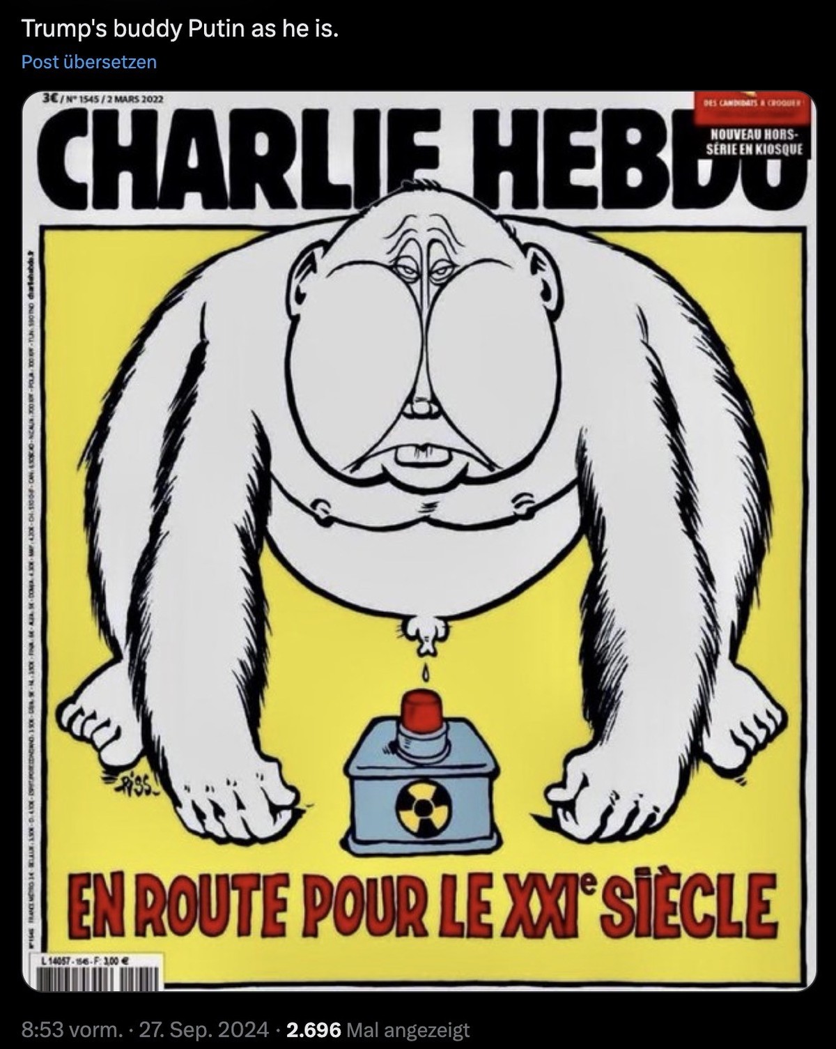 Cover von Charie Hebdo zu Putins Atomdrohung.