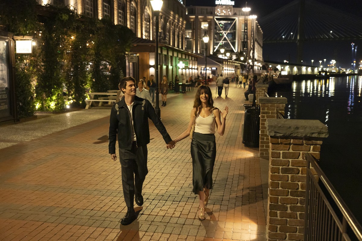 This image released by Prime shows Nicholas Galitzine, left, and Anne Hathaway in a scene from "The Idea of You." (Prime via AP)