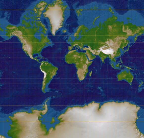 Die Form der Länder wird mit der Mercator-Projektion korrekt abgebildet. Doch je näher ein Gebiet am Nord- oder Südpol liegt, desto mehr wird es vergrössert.