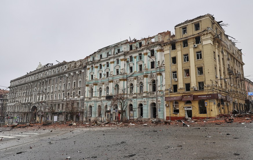 epa09798989 General view of damages after the shelling of buildings in downtown Kharkiv, Ukraine, 03 March 2022. Russian troops entered Ukraine on 24 February prompting the country's president to ...