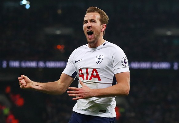 epa06436589 Tottenham Hotspur&#039;s Harry Kane celebrates scoring his teams third goal during the English Premier League soccer match between Tottenham Hotspur and Everton at Wembley Stadium, London, ...