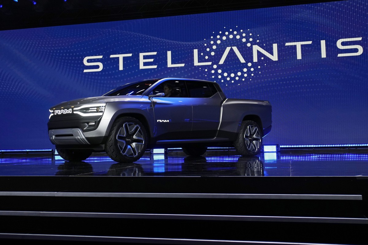 FILE - The Ram 1500 Revolution electric battery powered pickup truck is displayed on stage during the Stellantis keynote at the CES tech show on Jan. 5, 2023, in Las Vegas. Automaker Stellantis has re ...