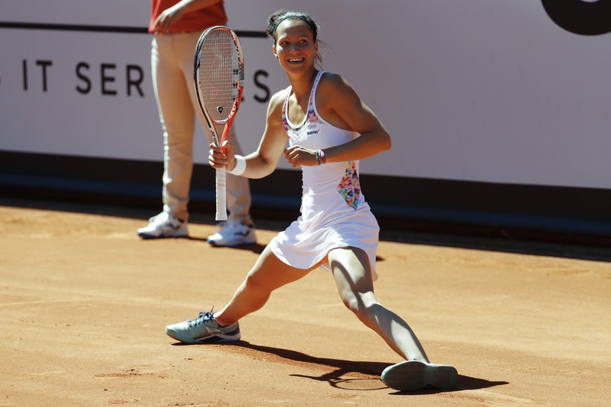 Viktorija Golubic of Switzerland celebrates after winning her semi final match against Rebeka Masarova of Switzerland, at the WTA Ladies Championship tennis tournament in Gstaad, Switzerland, Saturday ...