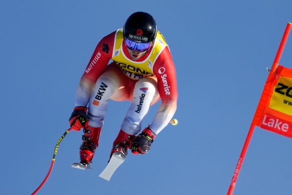 Mauro Caviezel, of Switzerland, skis down the hill during practice for the World Cup ski race in Lake Louise, Alberta, Thursday, Nov. 24, 2022. (Frank Gunn/The Canadian Press via AP)