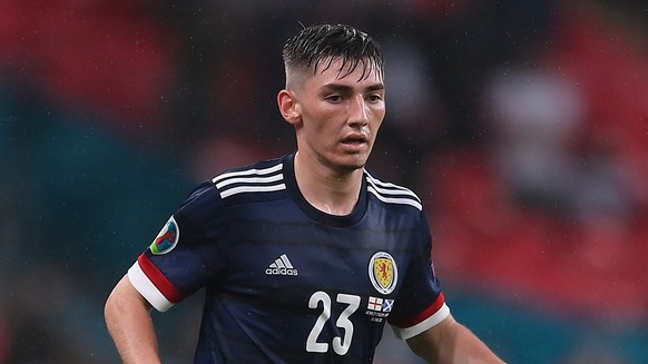 epa09284085 Billy Gilmour of Scotland in action during the UEFA EURO 2020 group D preliminary round soccer match between England and Scotland in London, Britain, 18 June 2021. EPA/Laurence Griffiths / ...